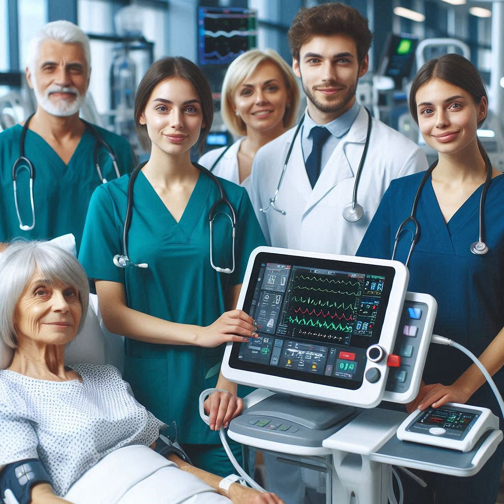 Doctors and nurses in scrubs and coats smile around an elderly patient in a hospital, next to a heart monitor displaying vitals.