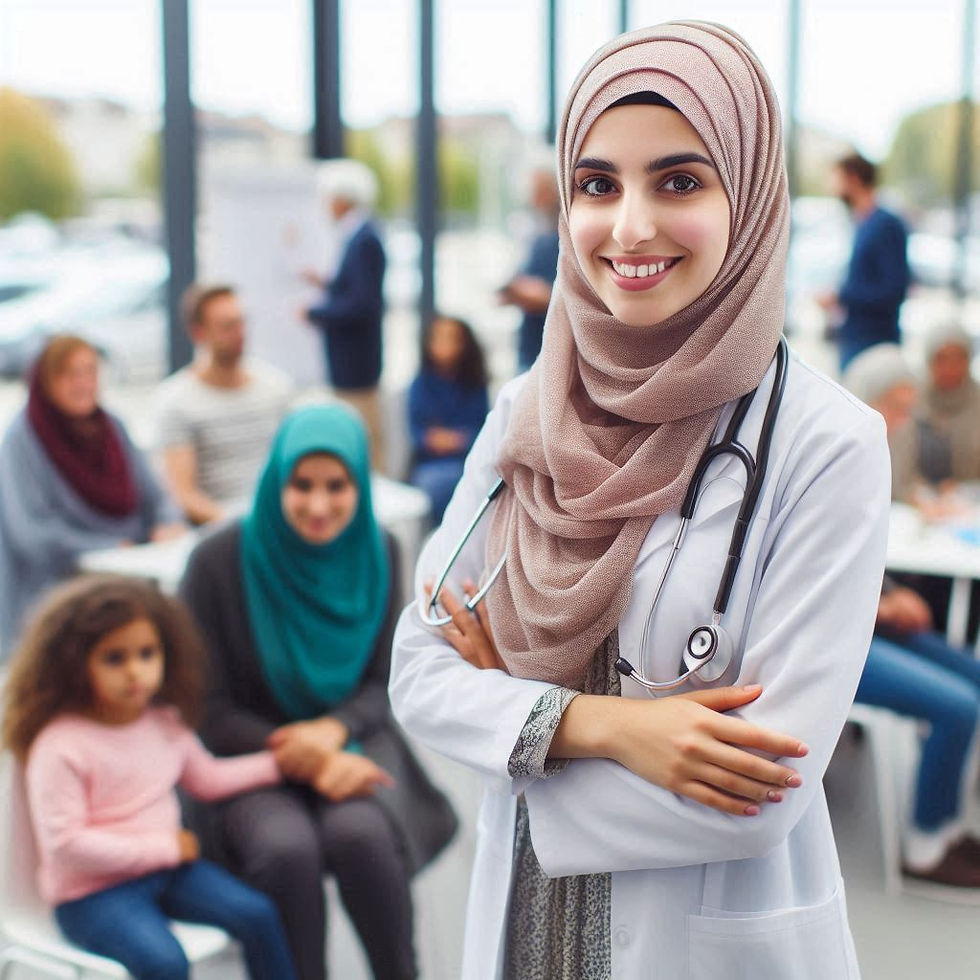 Smiling doctor in a hijab with a stethoscope stands in a bright room. People in background seated, suggesting a clinic waiting area.