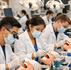 students in dental school in white lab coats working with models