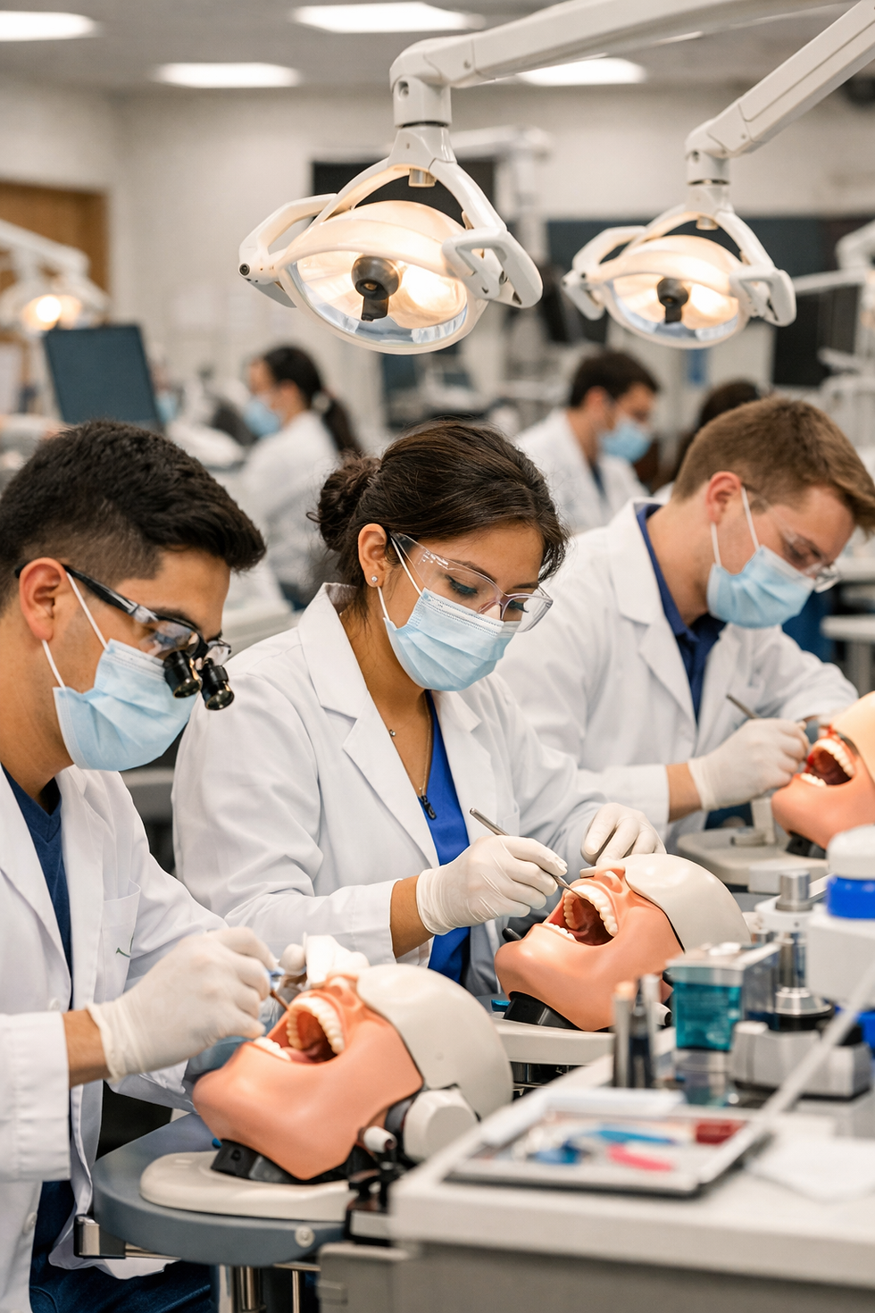 Dental students in lab coats practice on simulators under bright lights in a classroom, wearing masks and goggles, focused and attentive.