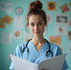A nurse with stethoscope and blue scrubs pursuing higher education.