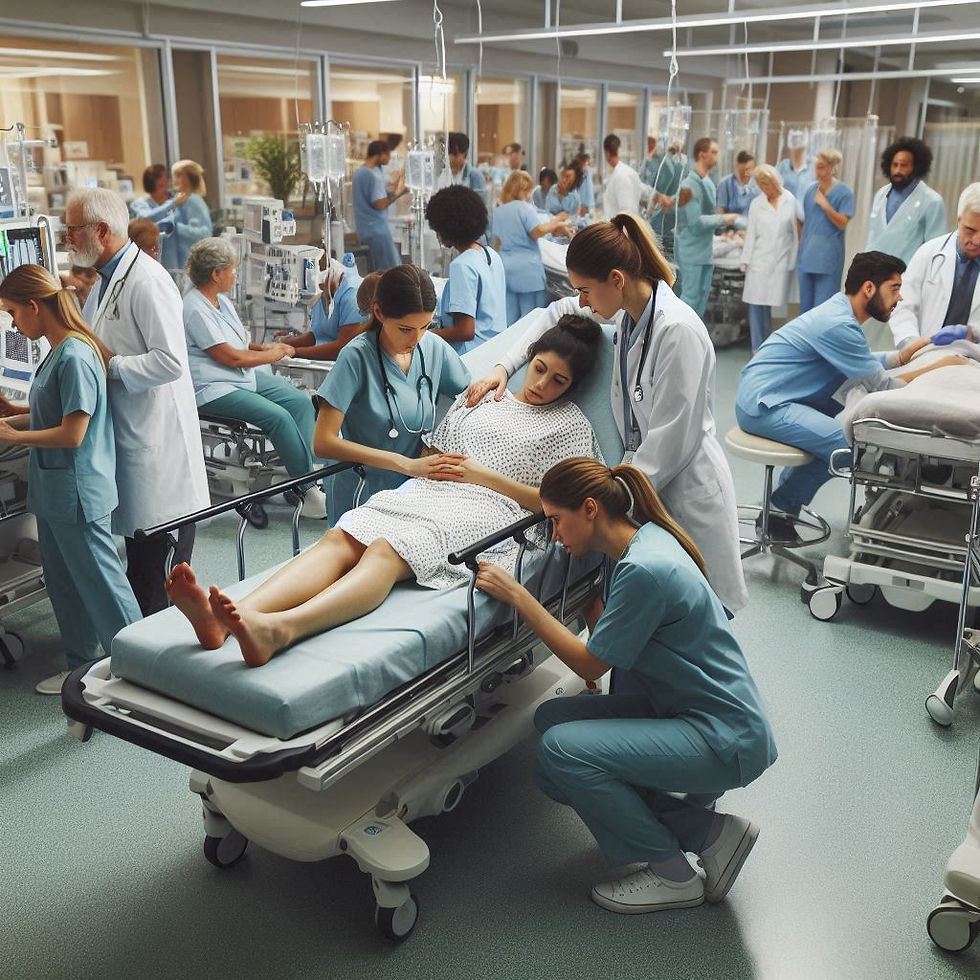 Medical staff assist a patient on a stretcher in a bustling hospital ward. Blue scrubs and white coats fill the room, creating a busy, focused mood.