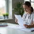nurse in white scribs works at a desk in a well lit room