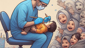 A dentist in blue scrubs tends to a baby in orange clothes, while happy children watch. Background is cluttered, showing hope and care.