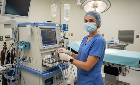 CRNA in white lab coat holding syringe readies for procedures