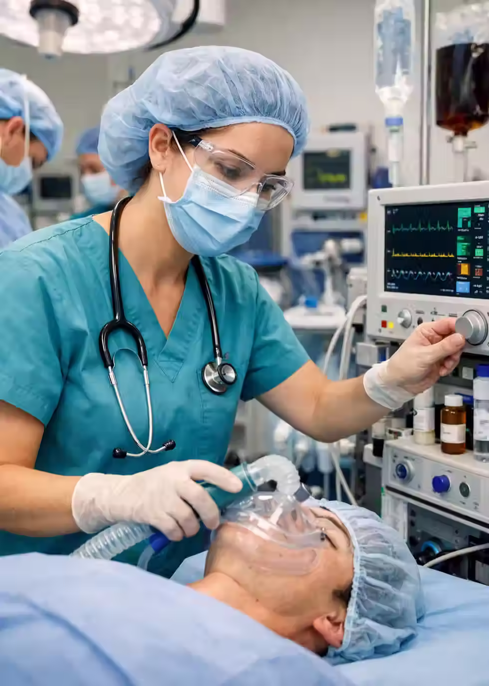A medical professional in green scrubs and mask holds a stethoscope, looking intently in a sterile hospital room.