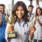A smiling doctor holds a trophy with a "1" as colleagues cheer in the background. All wear white coats, conveying celebration and achievement.