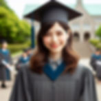 Smiling graduate in a cap and gown stands outdoors on campus, with greenery and other graduates blurred in the background, conveying joy.