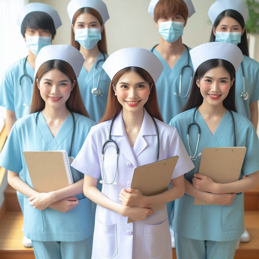 Group of smiling nurses in blue and white uniforms holding clipboards, standing on stairs. Bright, professional setting.