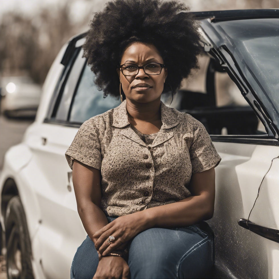 Woman with glasses and afro leans against a white car, arms folded. She's wearing a patterned shirt. Mood is calm and thoughtful.