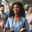 Smiling nurse in blue scrubs with a stethoscope stands in a hospital, surrounded by diverse, smiling colleagues. Bright, positive mood.