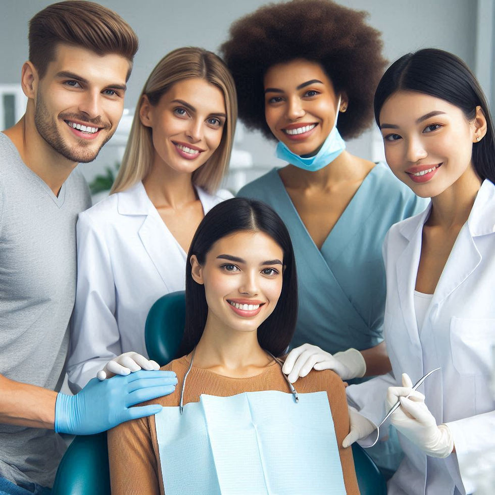 Dental team with a smiling patient in a chair. Four staff members wear uniforms and gloves, creating a friendly and professional setting.