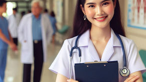 Smiling woman in medical uniform with stethoscope, holding a clipboard in a hospital corridor. Doctors and charts in the blurred background.