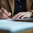 a man writing at a desk with hand on laptop and notes in foreground