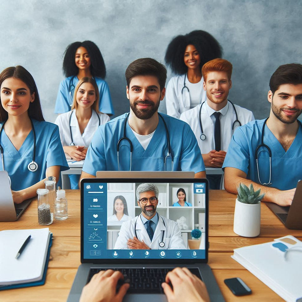 Medical team in blue scrubs sits at a table with laptops and notebooks. A video call with a doctor is visible on a laptop. Bright, professional setting.