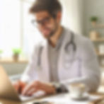 Smiling doctor in glasses types on a laptop at a bright office desk. Stethoscope and coffee cup visible; relaxed and focused mood.