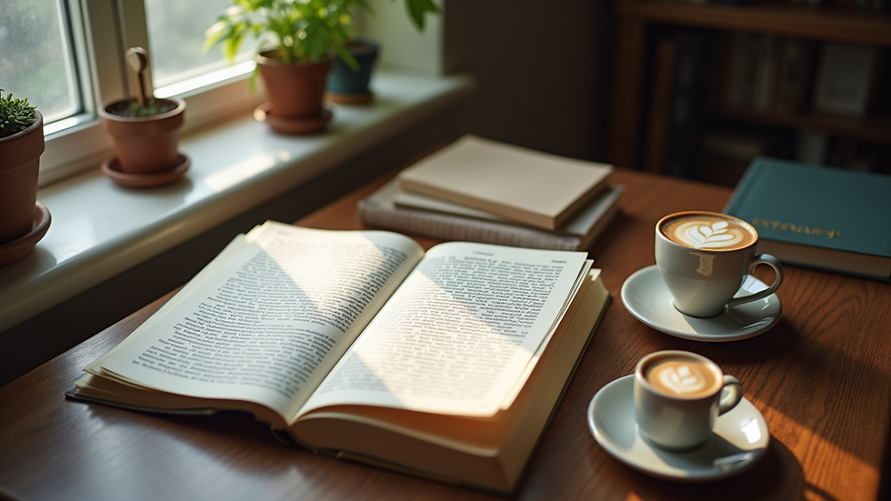 High angle view of a quiet study space with books and a cup of coffee
