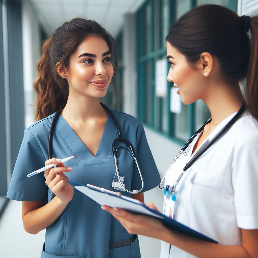 Two female healthcare professionals in scrubs, smiling and conversing in a corridor, hold a pen and clipboard. Bright, clinical setting.