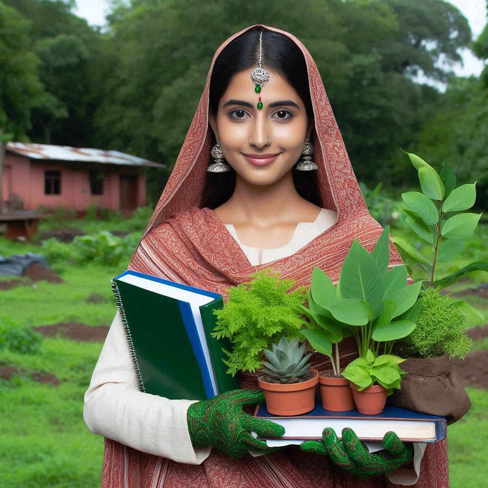 A woman in traditional attire holds books and plants, standing in a lush garden with a pink building in the background, smiling warmly.