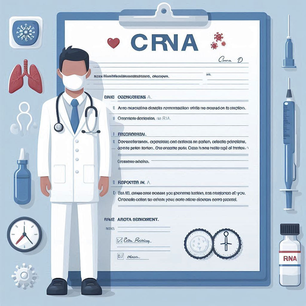 Doctor with mask and stethoscope stands next to a large clipboard labeled CRNA. Medical items like syringes and organs are displayed. Blue tones.
