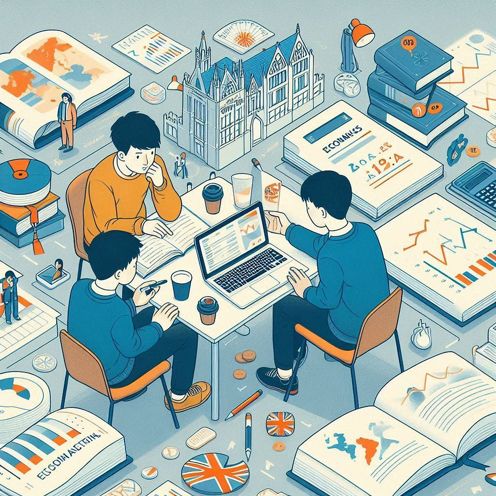 Three people studying at a table with laptops, surrounded by books and charts. A miniature building model is in the background. Mood: focused.