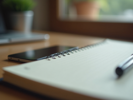 an ink pen lying on an open notebook with cell phone on a table in front of a windo