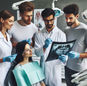 Dentists examine a dental X-ray while a patient sits in a dental chair wearing a bib. They are in a clinic with posters in the background.
