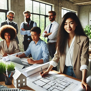 Group of diverse architects in a bright office, reviewing blueprints on a wooden table with a laptop and model house, exuding focus and teamwork.
