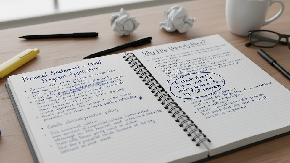 Close-up view of a notebook with handwritten personal statement notes