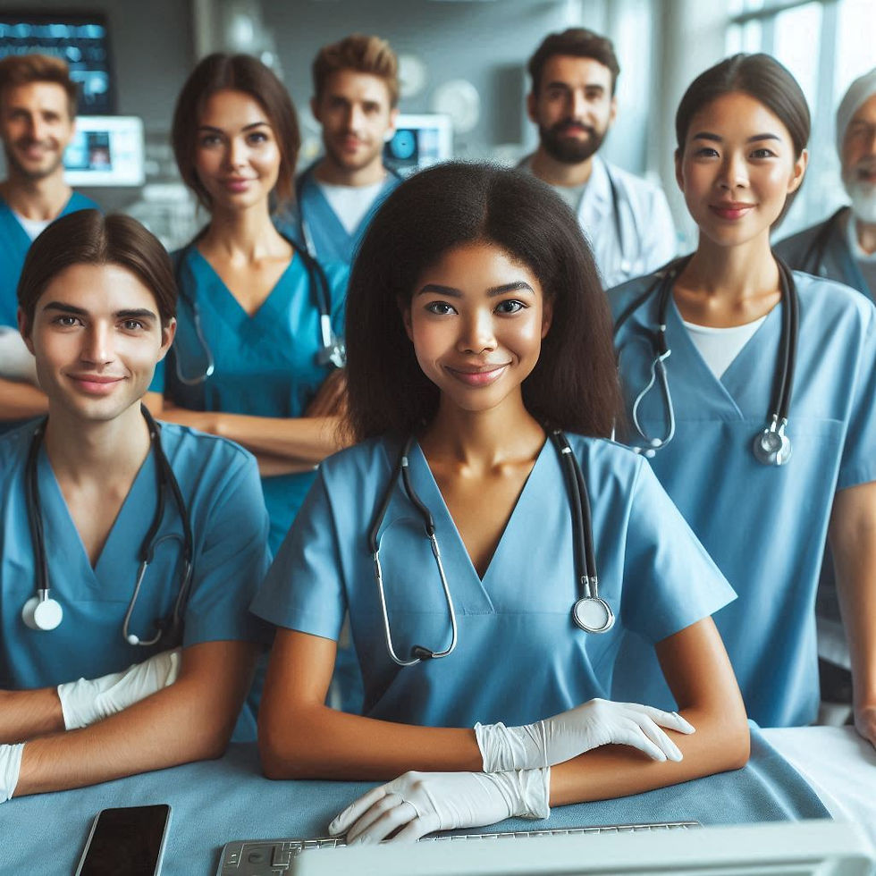 A diverse group of smiling healthcare professionals in blue scrubs and stethoscopes in a hospital setting, exuding confidence and teamwork.