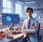 scientist in white lab coat surrounded by a computer screen, charts, and a microsope