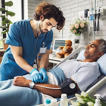 A nurse checks a patient's vitals in a hospital room. The patient lies in bed with a blood pressure cuff. There's medical equipment and flowers nearby.