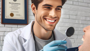 Dentist in blue gloves smiling while examining a patient with a dental mirror. Diploma on a white brick wall in the background.