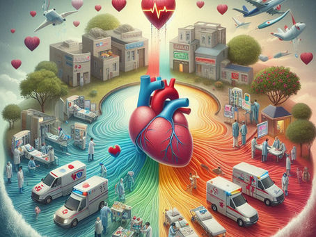 A surreal illustration of a heart at the center, surrounded by medical staff, ambulances, and clinics. Heart-shaped balloons and planes in the sky.