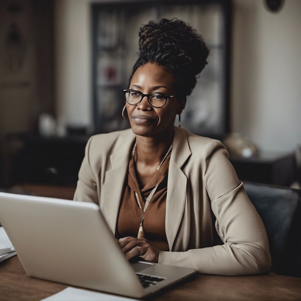 A woman with glasses and a bun sits at a desk with a laptop, wearing a beige blazer. The setting is a softly lit office. She looks focused.
