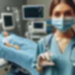 Nurse in a blue scrubs and mask holds a syringe, standing next to a patient on a hospital bed. Medical equipment and monitors visible.
