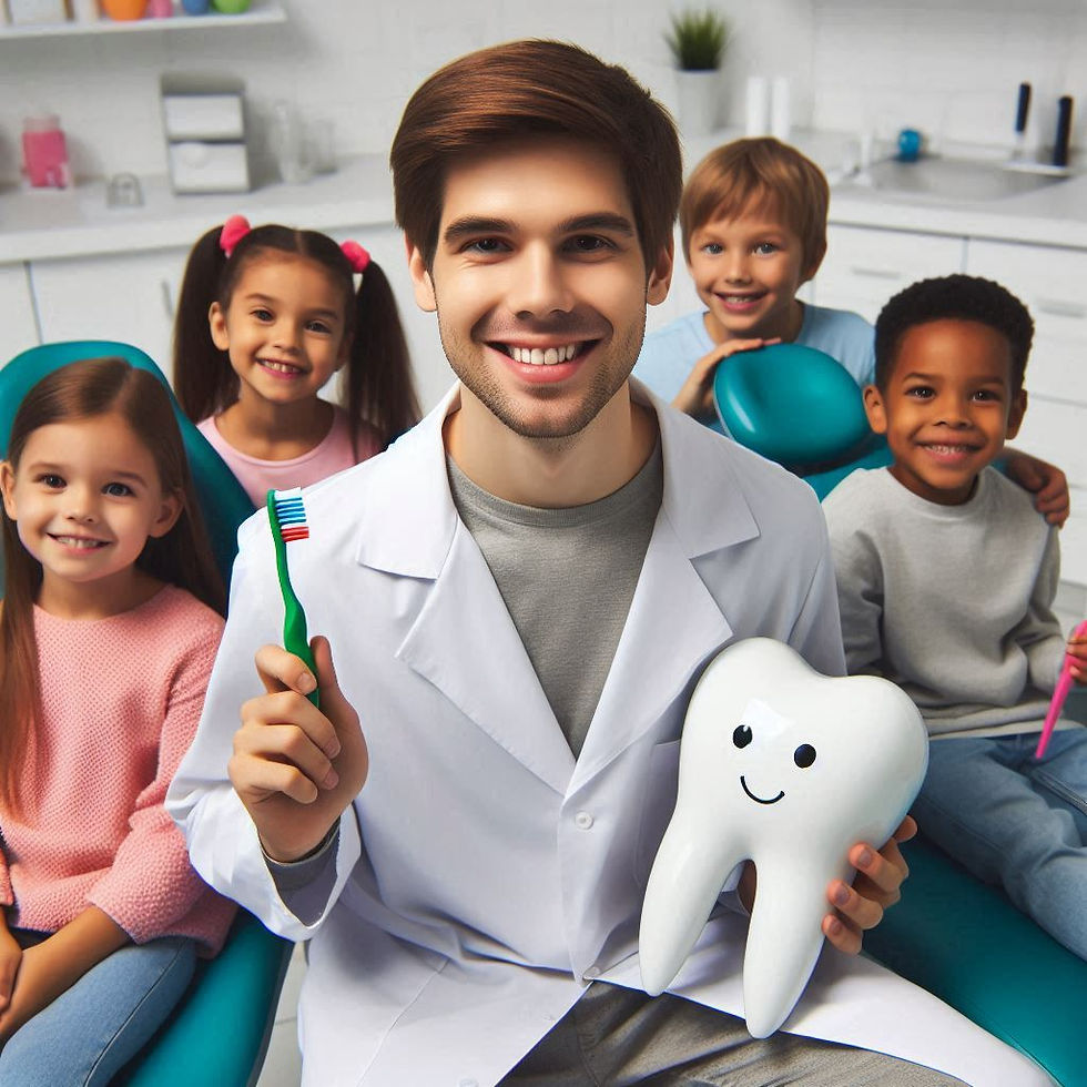 Dentist in white coat holds a toothbrush and tooth model, surrounded by four smiling kids in a bright dental office. Mood is cheerful.