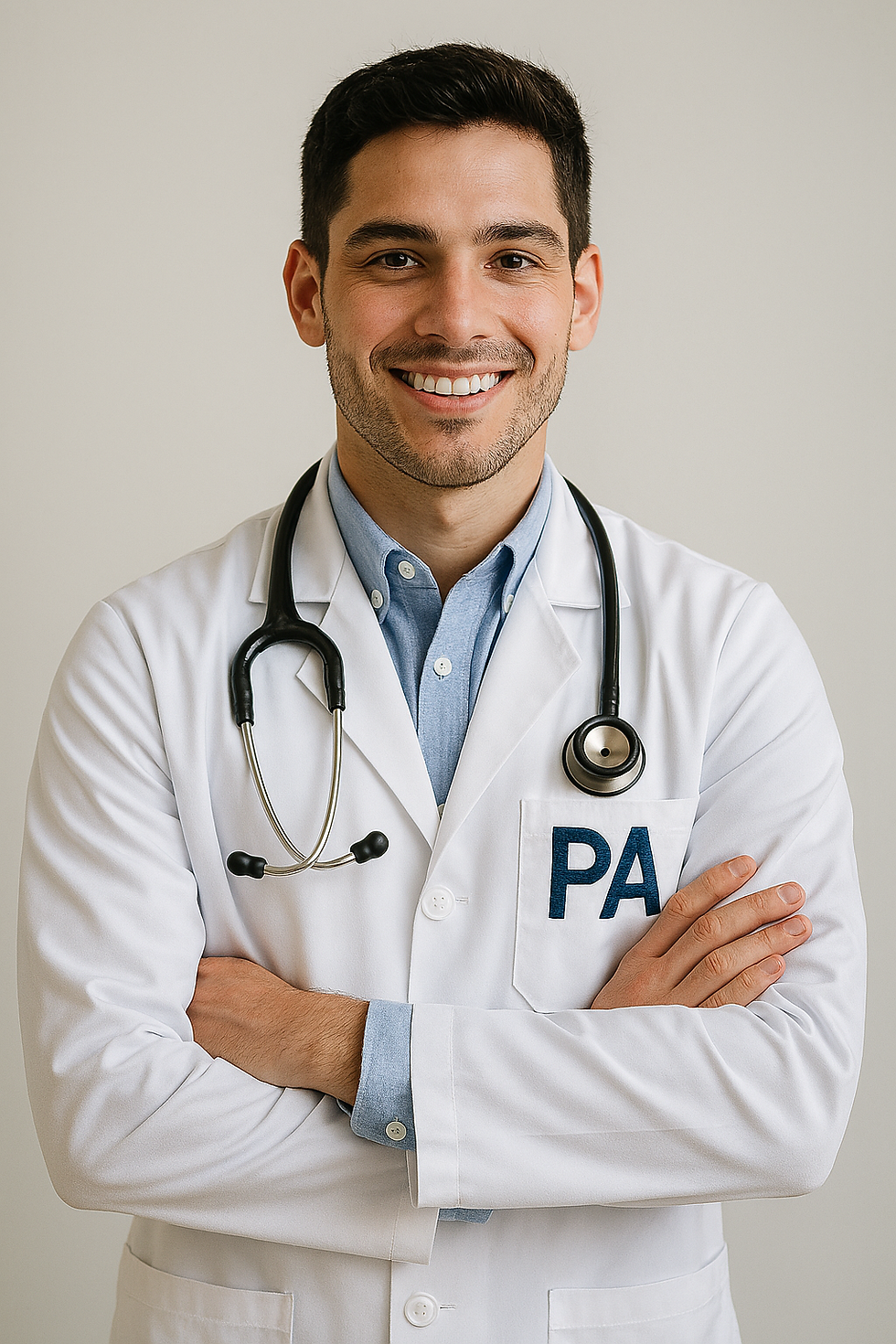 Smiling person in a white coat with "PA" initials, stethoscope hanging around their neck, arms crossed. Neutral background.