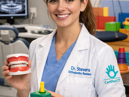 orthodontist in white lab coat holding dental model