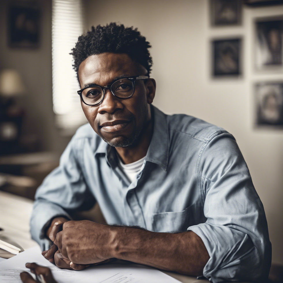 Man in glasses writing at a desk in a cozy room with framed photos. He wears a blue shirt, conveying focus and thoughtfulness.