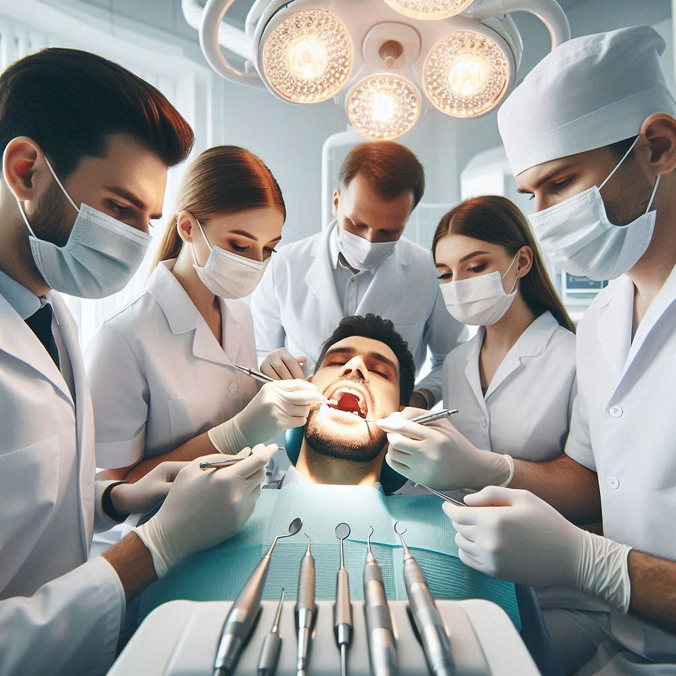 Five dentists in masks work on a patient in a well-lit dental clinic. Surgical tools on a tray; focused atmosphere.