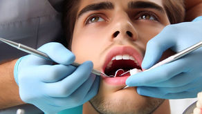 A dentist wearing gloves examines a patient's open mouth with dental tools. The setting is a dental office. The mood is clinical.