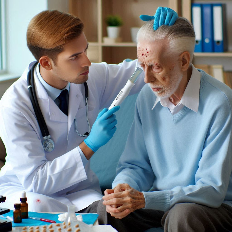 Doctor examines elderly man's forehead with a device. Both are focused. Medical supplies on table, blue sweater stands out in clinical setting.