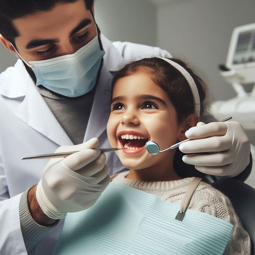 Dentist in a mask examines a smiling girl's teeth with tools in a clinic. Girl wears a blue bib and has a joyful expression.