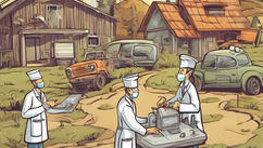 Technicians in lab coats and masks work on equipment outside rustic buildings, with old vehicles nearby. The sky is cloudy.
