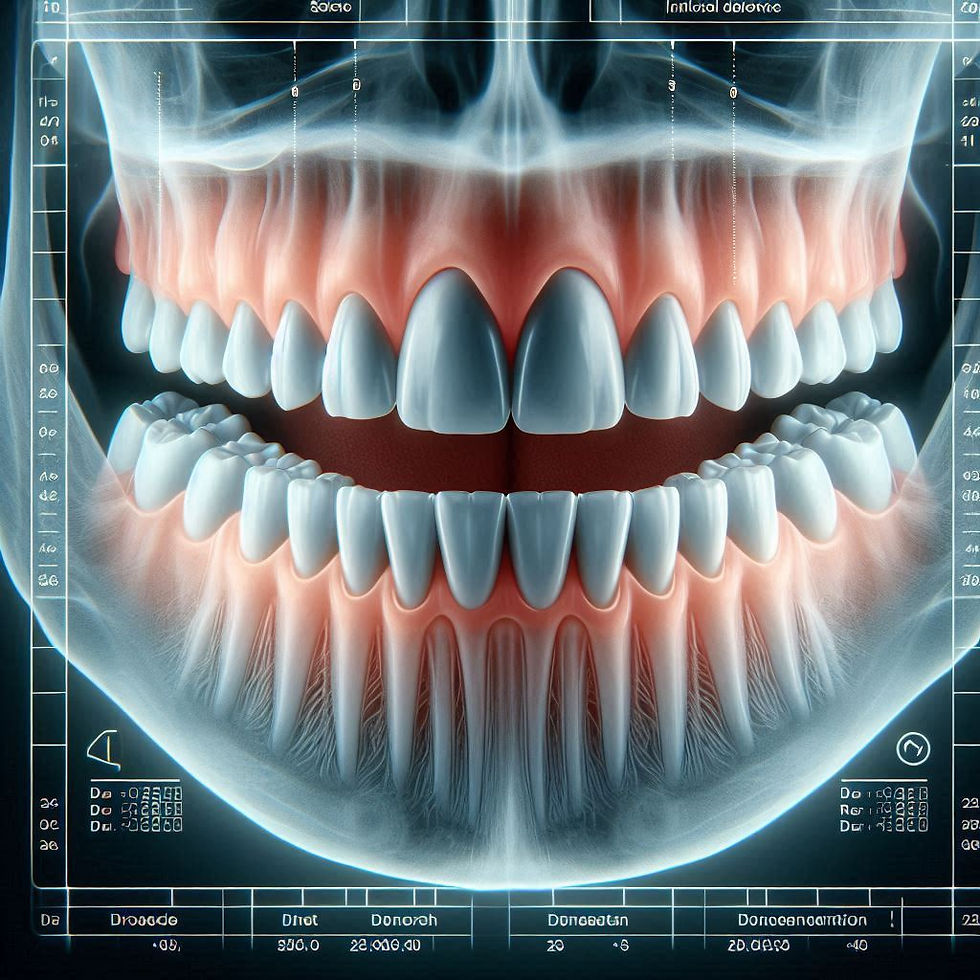 X-ray image of human teeth and jaw. The teeth are white, gums are red, set against a dark background with scientific text overlay.