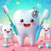 Smiling cartoon tooth holds toothbrush and dental mirror. Colorful background with stars and bubbles. Happy, playful mood.