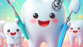 Smiling cartoon tooth holds toothbrush and dental mirror. Colorful background with stars and bubbles. Happy, playful mood.