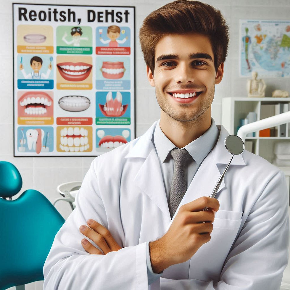 Smiling dentist in a white coat holds a dental mirror in a clinic. A colorful dental chart in the background reads "Reoitsh, DEHst."