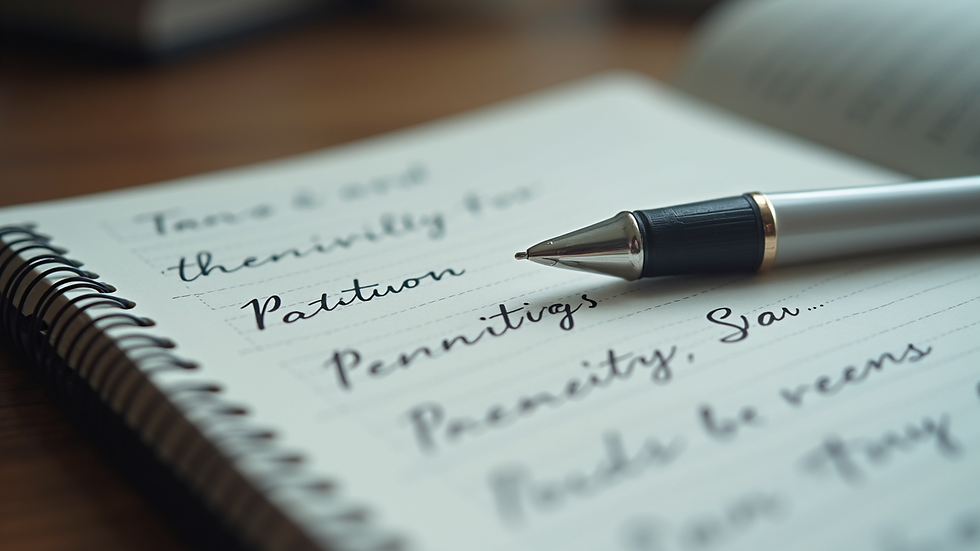 Close-up view of a notebook with handwritten notes and a pen